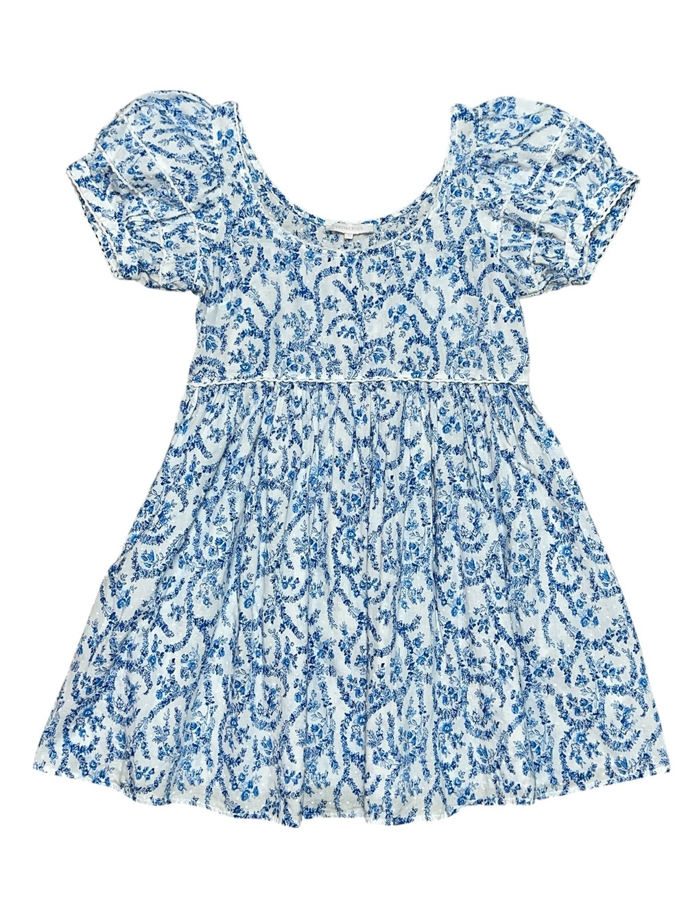 OLIVACEOUS MARGARET MINI BABYDOLL DRESS 100% cotton blue white floral puff slv S
